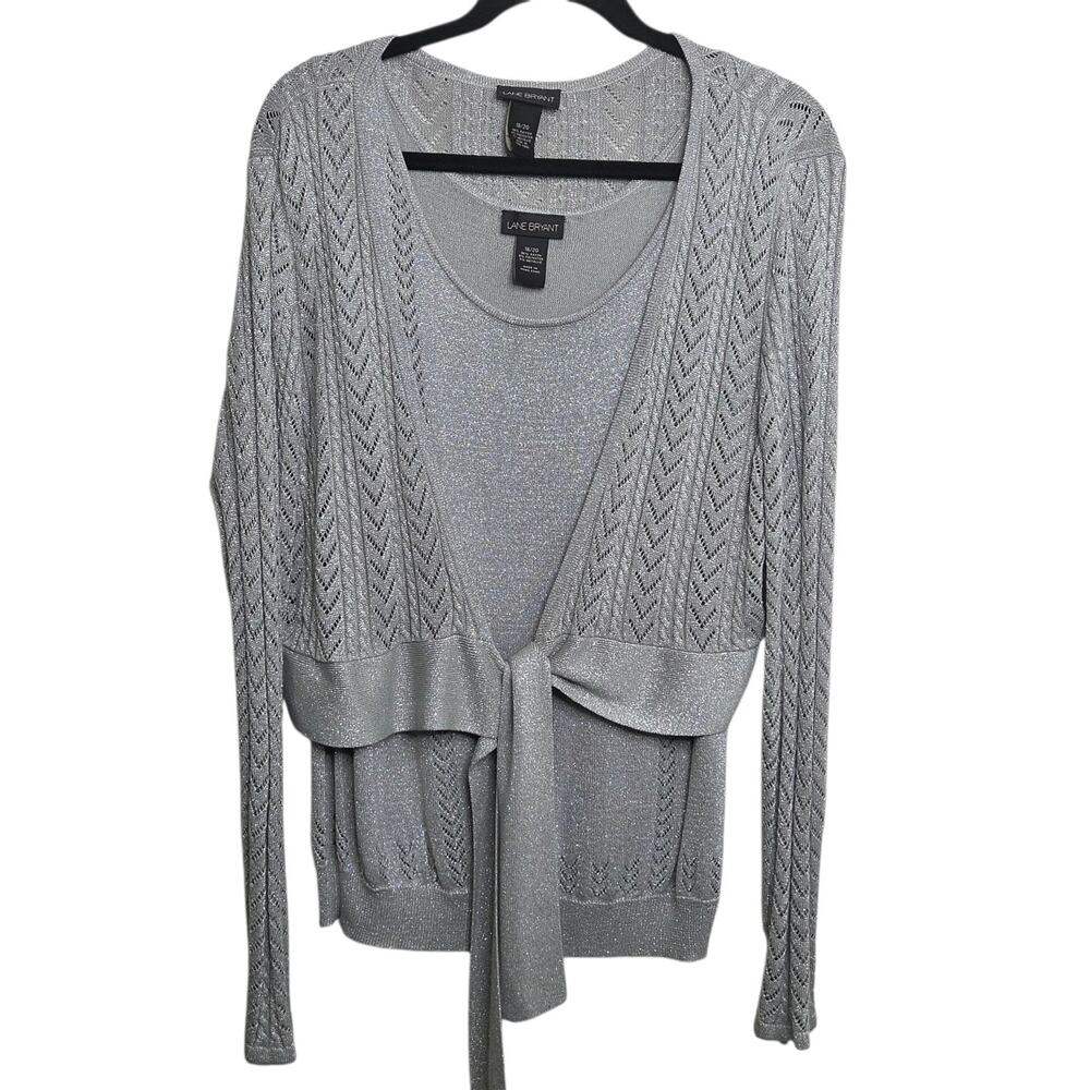 Lane Bryant Silver Metallic 2 PC‎ Set Tie Front Cardigan Sweater Womens SZ 18/20